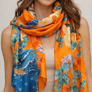 Orange 100% Silk Scarf Multicolored Birds Floral Flowers Extra Long Scarf
